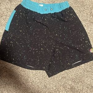 Black Athletic Shorts with Teal Waistband and Neon Speckle
